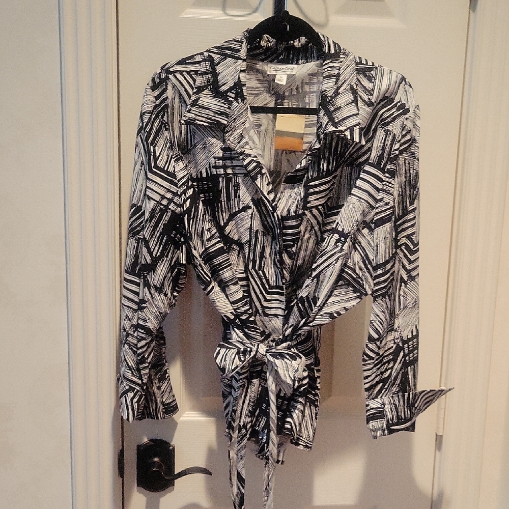 Coldwater Creek Black White Abstract Long Sleeve Blouse 2x